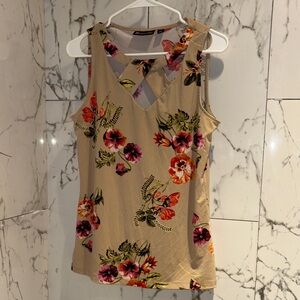 Floral Sleeveless Top - Beige with Multicolor Flowers